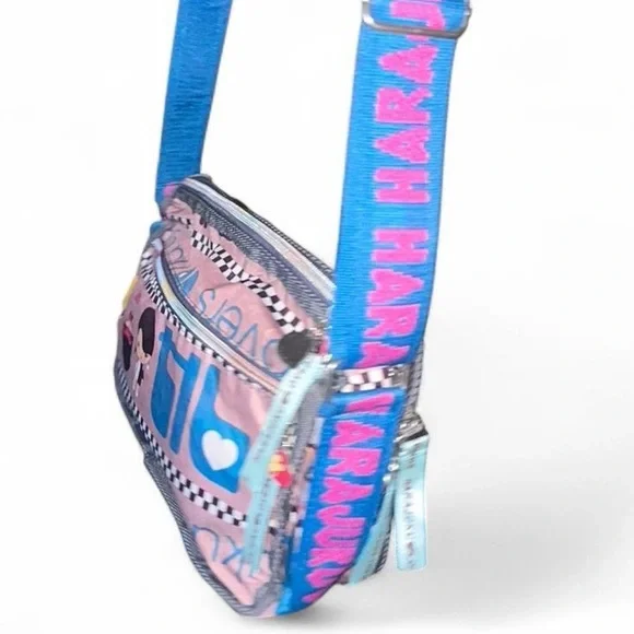 Harajuku Lovers Crossbody Bag Pink Cartoon Print Multi Pocket Y2K Kawaii - Picture 5 of 9
